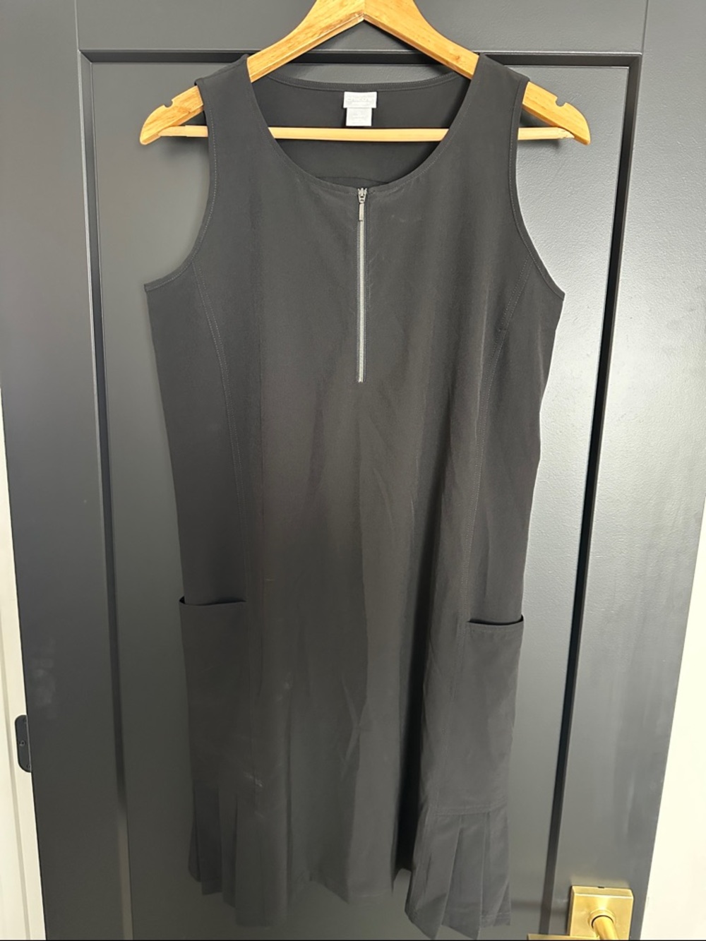 Chico's Black Midi Sleeveless Shift Dress with Front Zip